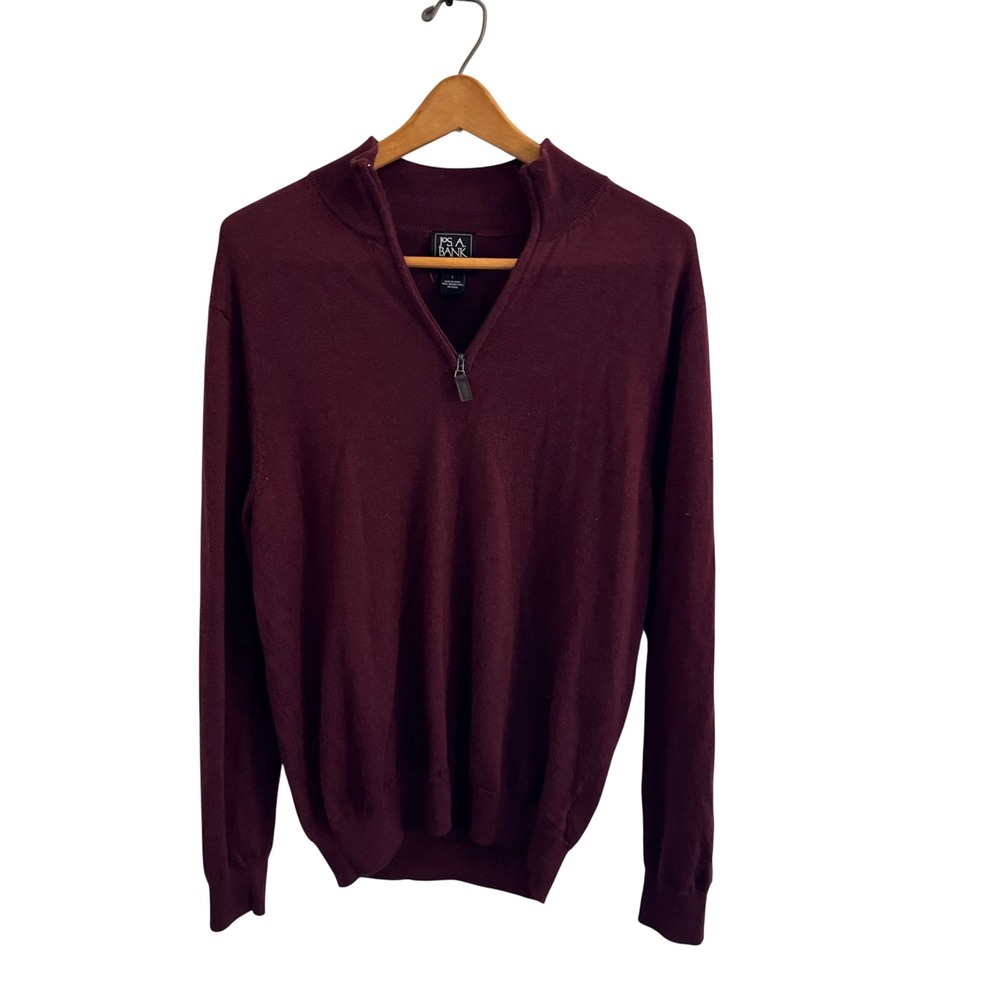 Jos A Bank Traveler Mens Large Burgundy 100% Merino Wool Quarter Zip Sweater